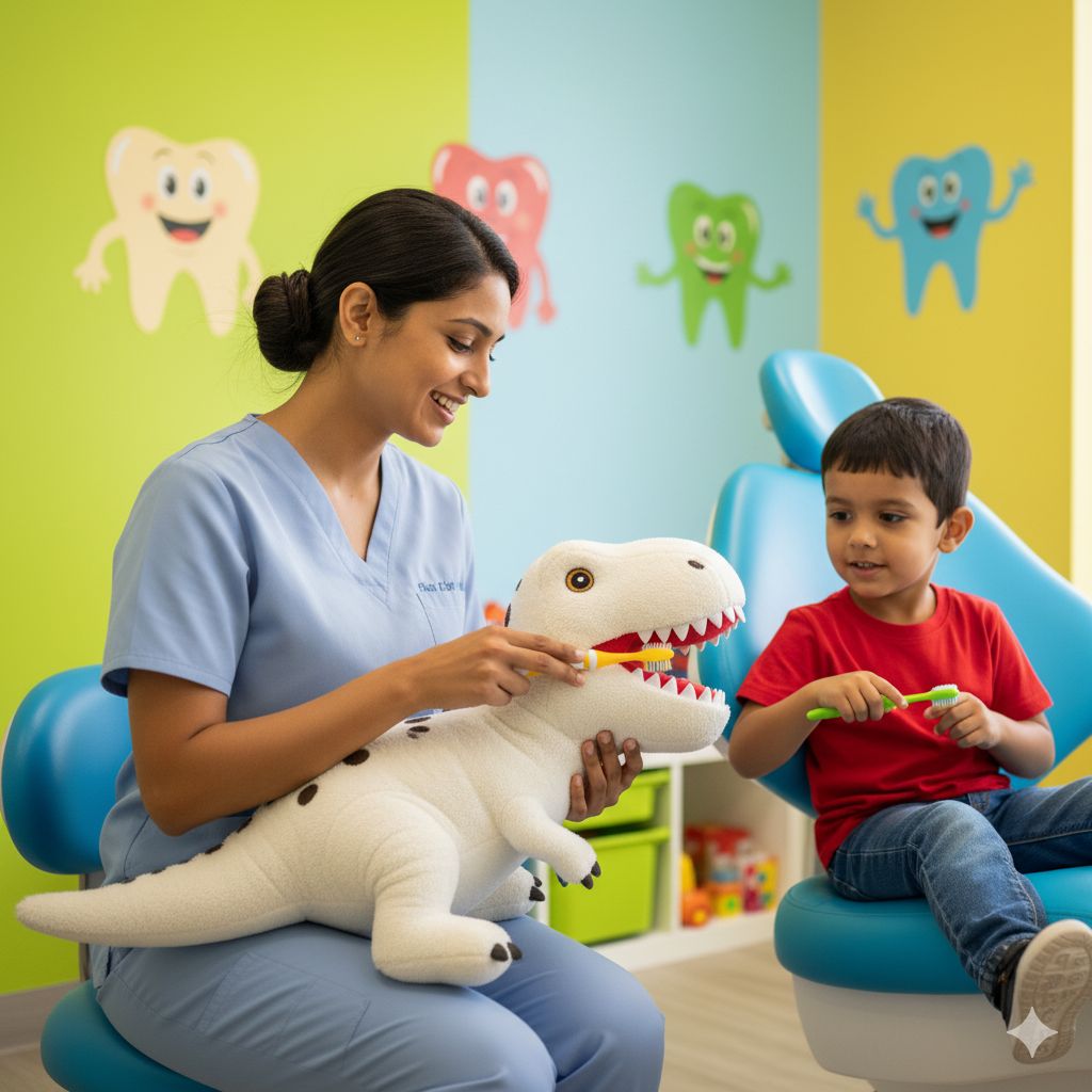 Dentist teaching brushing technique using a toy in a pediatric dental clinic