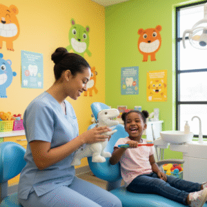Pediatric dentist in Kolkata treating a smiling child in a colorful dental room