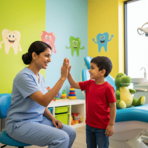 Pediatric dentist in Kasba greeting a young patient in a cheerful clinic