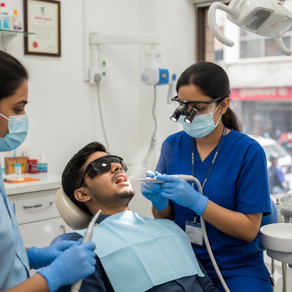Dentist performing professional dental cleaning at a clinic in Kasba