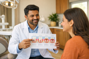 Dentist discussing preventive dental care with patient in Kasba