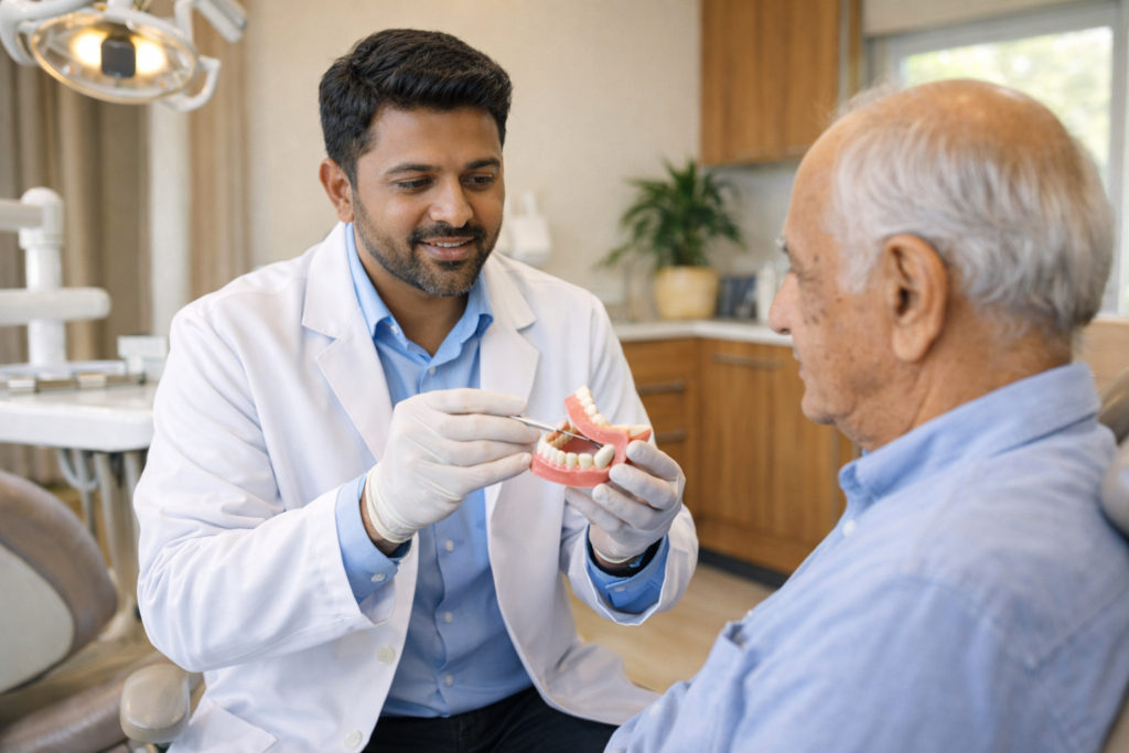 Dentist repairing dentures for an elderly patient in Kasba clinic