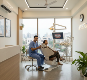 Dentist in Kasba explaining dental treatment options to a patient
