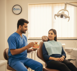 Dentist explaining modern root canal treatment to a patient in Kasba