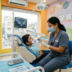 Pediatric dentist in Kasba examining a child’s teeth
