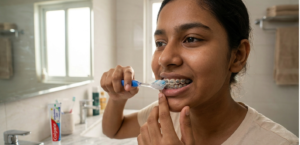 Patient brushing teeth properly while wearing braces in Kasba