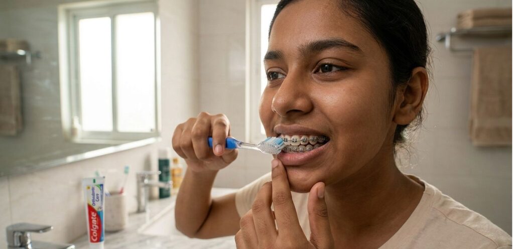 Patient brushing teeth properly while wearing braces in Kasba