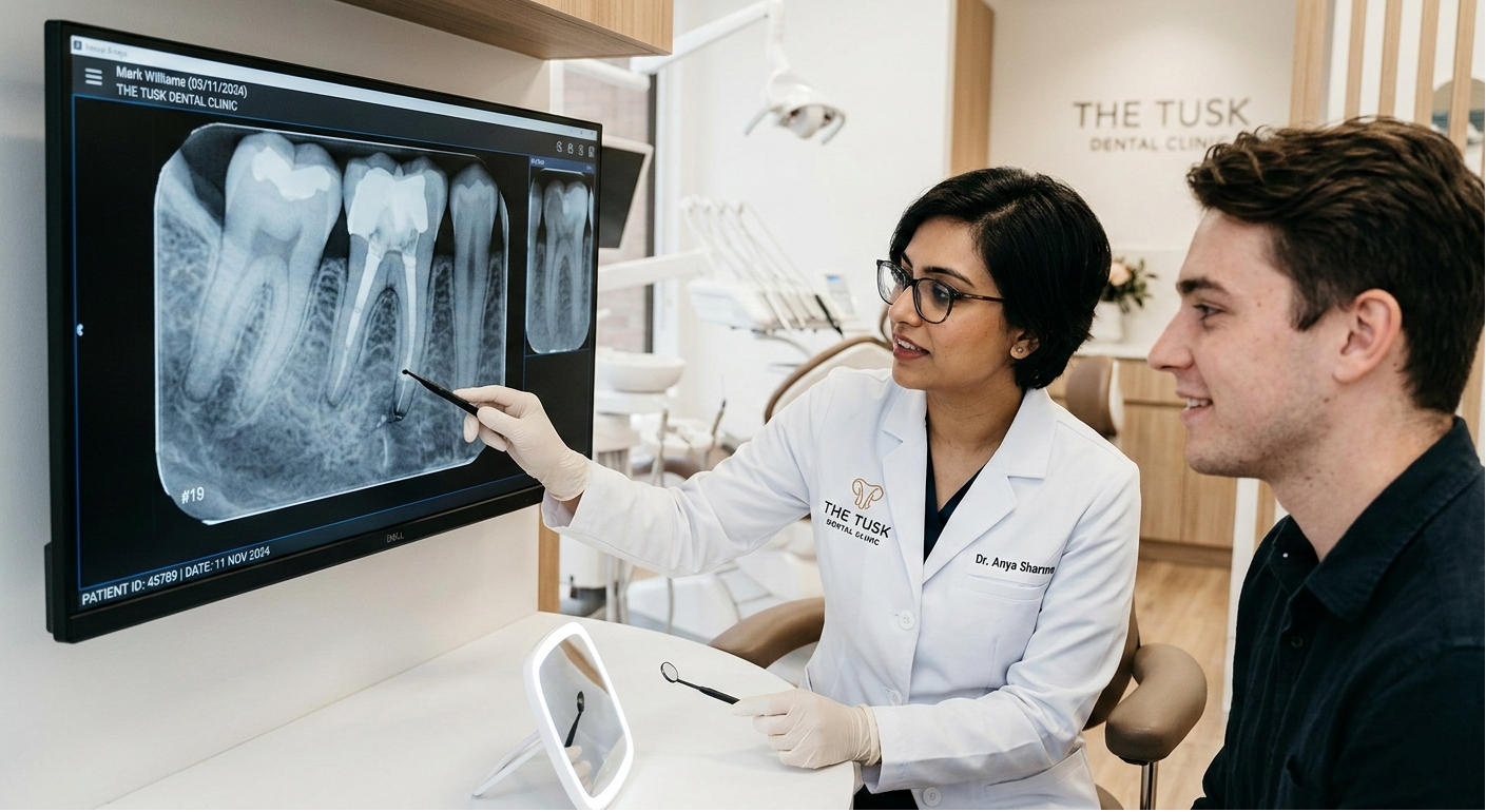 Close-up of a modern dental consultation at The Tusk Dental Clinic showing digital X-rays of a tooth canal