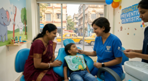 A friendly pediatric dentist at Tusk Dental in Kolkata making a child feel comfortable during a preventive dental check-up.