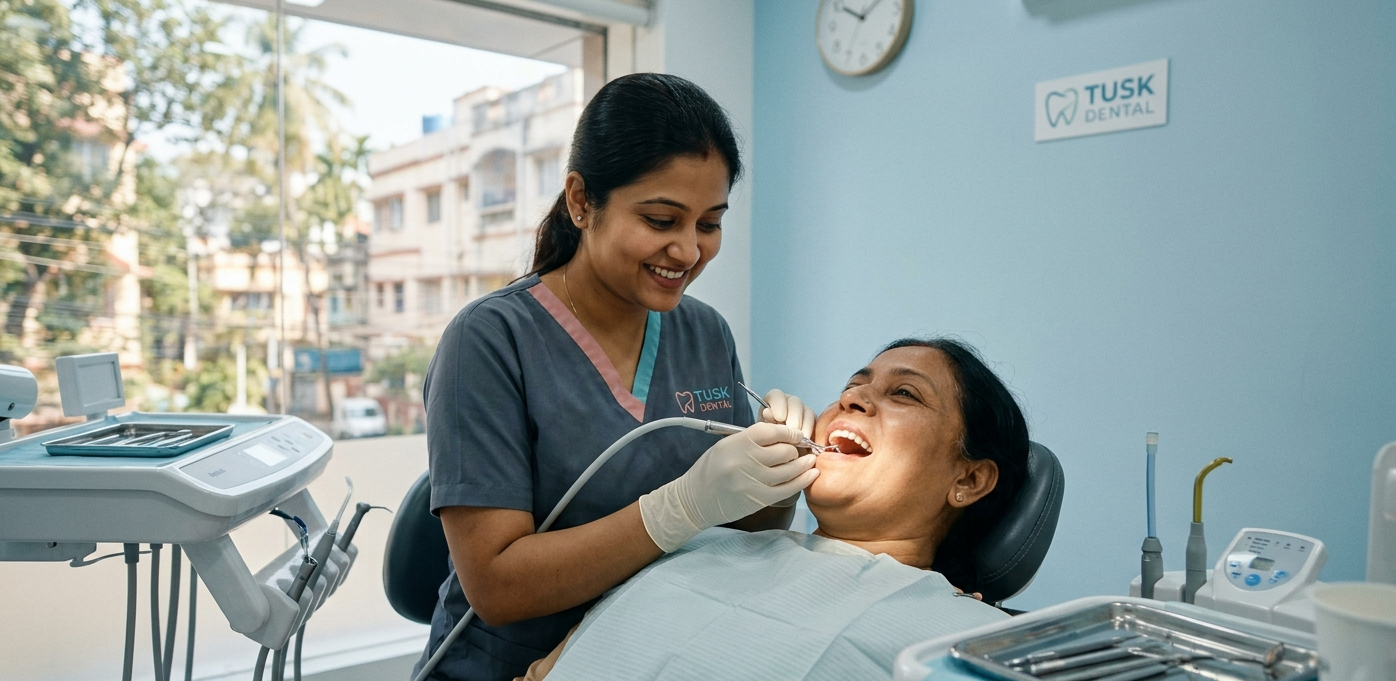 Friendly dentist performing a professional dental cleaning at Tusk Dental in Kasba