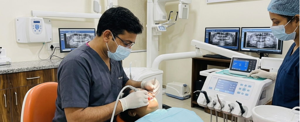 Professional dentist in Kasba performing a painless root canal procedure using modern digital equipment.