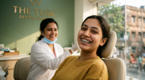 A happy patient showing off their new braces at The Tusk Dental Clinic in Kasba.