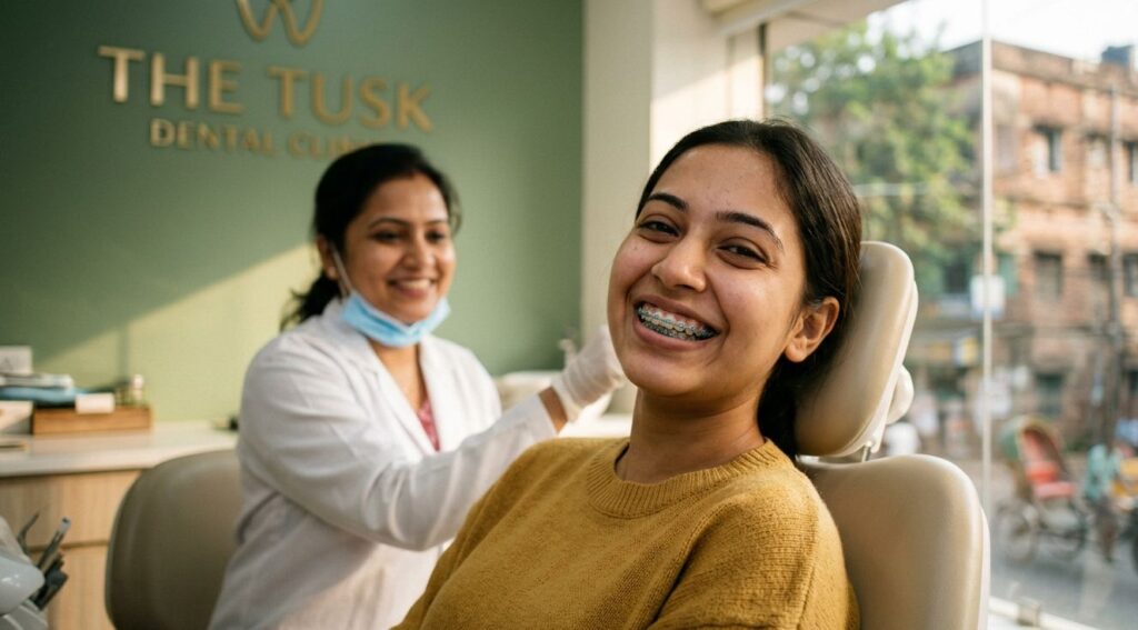 A happy patient showing off their new braces at The Tusk Dental Clinic in Kasba.