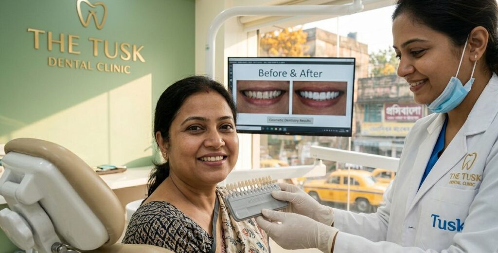 A before-and-after comparison of a smile makeover at The Tusk Dental Clinic, the leading cosmetic dentist in Kasba