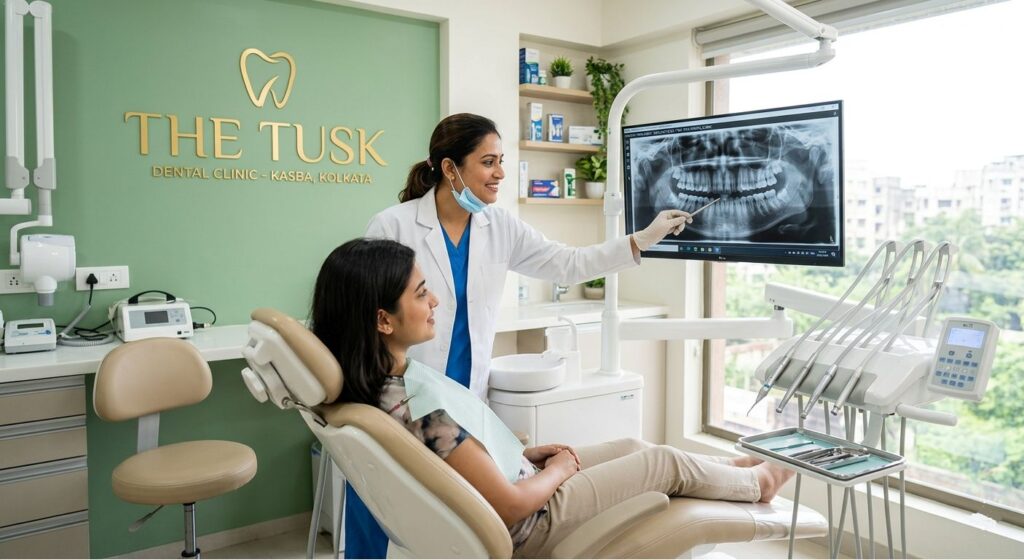 A professional dentist explaining dental care services to a patient at The Tusk Dental Clinic in Kasba.