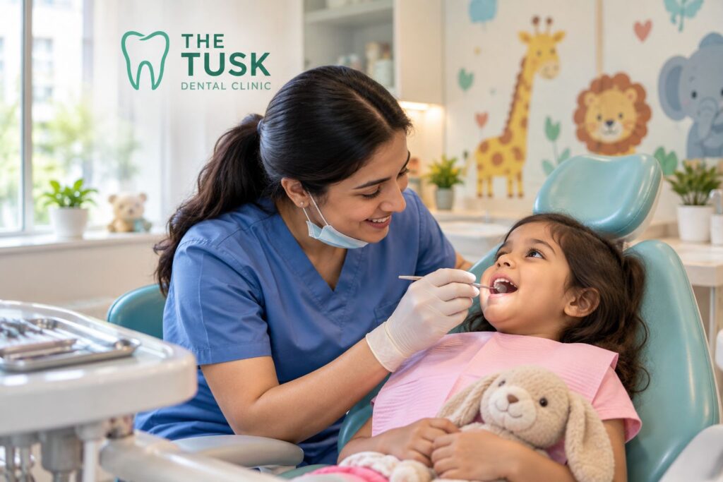 Pediatric dentist in Kasba examining a young child's teeth during a checkup