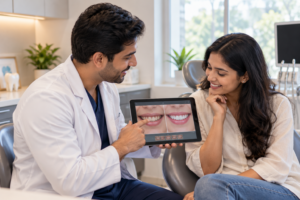 Cosmetic dentist in Kasba reviewing a digital smile design preview with a patient